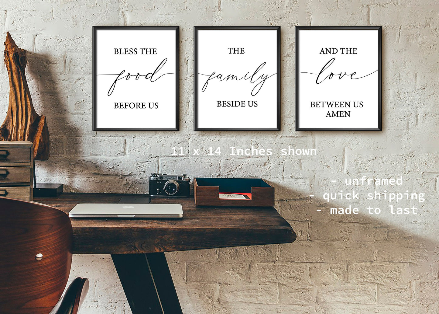 Bless the Food, Family and Love, Set of 3 Prints, Minimalist Art, Home Wall Decor, Multiple Sizes