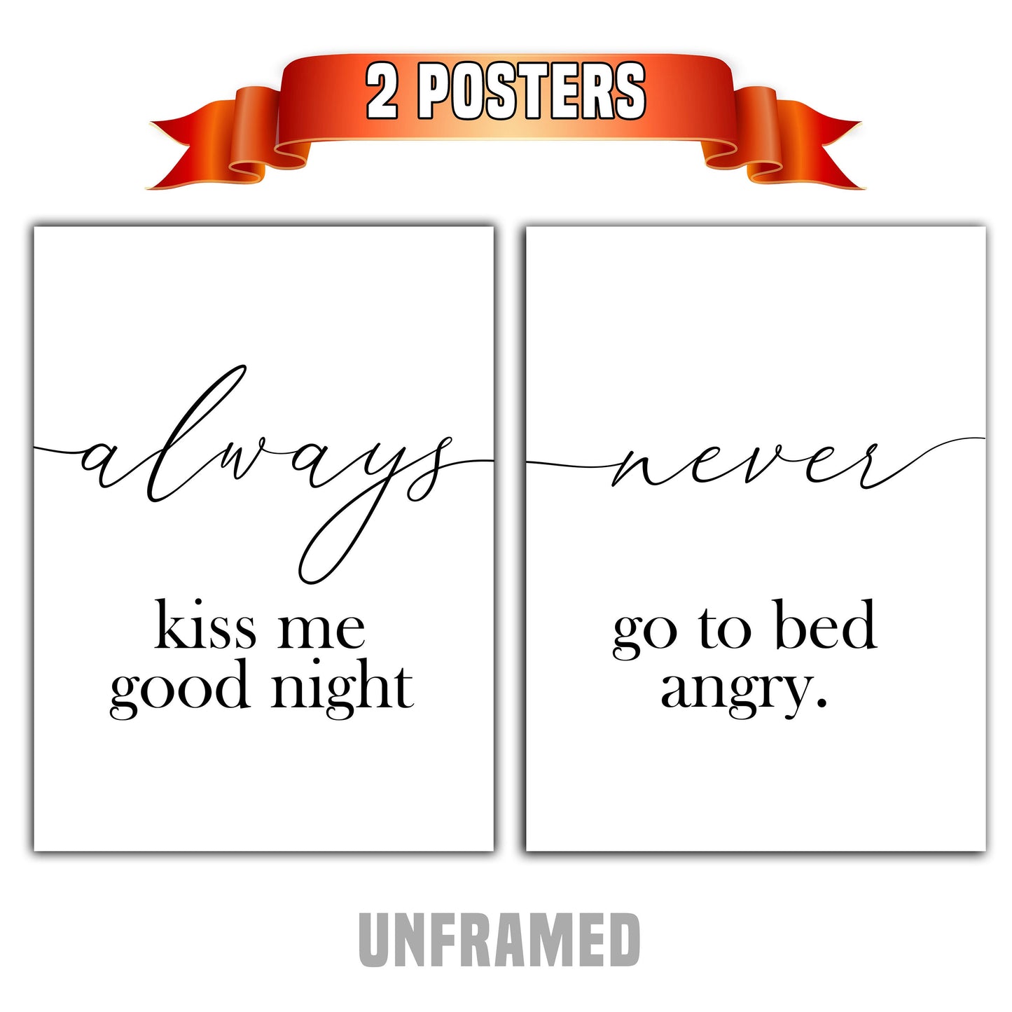 Always Kiss Me Goodnight Never Go to Bed Angry, Set of 2 Prints, Minimalist Art, Typography Art, Wall Art, Multiple Sizes, Home Wall Art