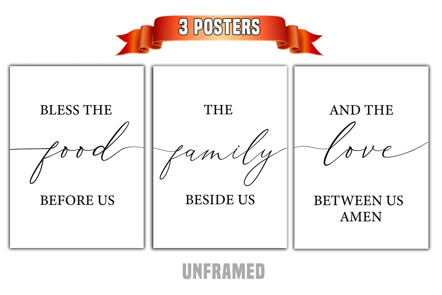Bless the Food, Family and Love, Set of 3 Prints, Minimalist Art, Home Wall Decor, Multiple Sizes
