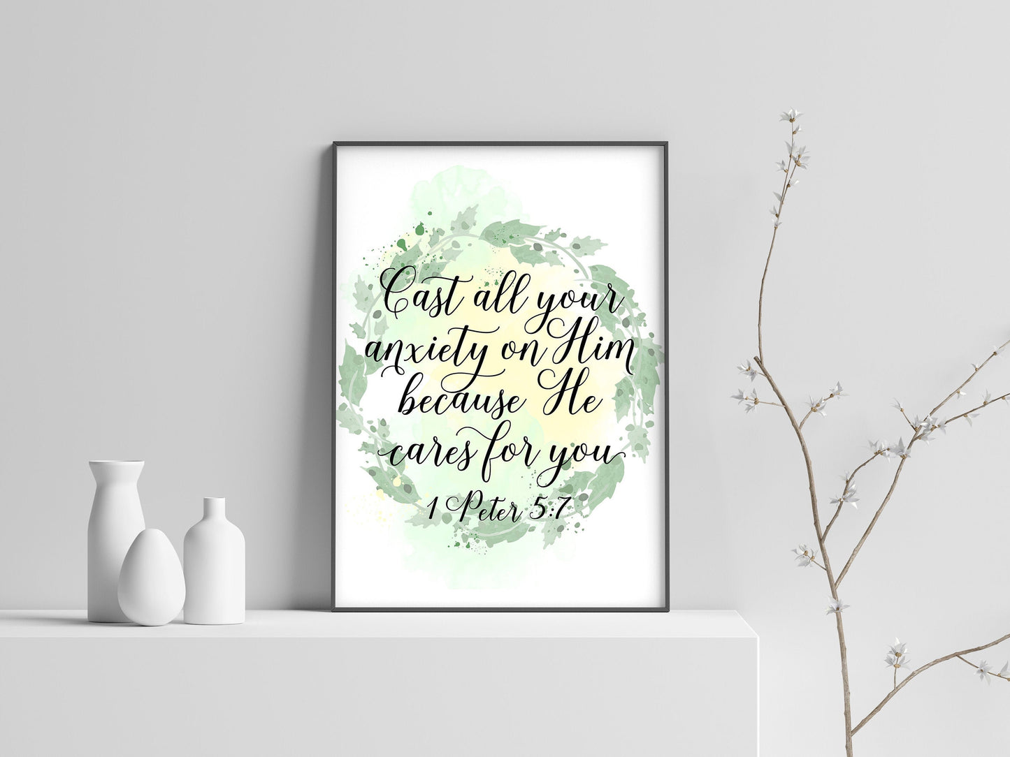 Cast All Your Anxiety on Him Because He Cares for You Bible Verse, Poster, Home Decor, Black and White, Minimalism Print