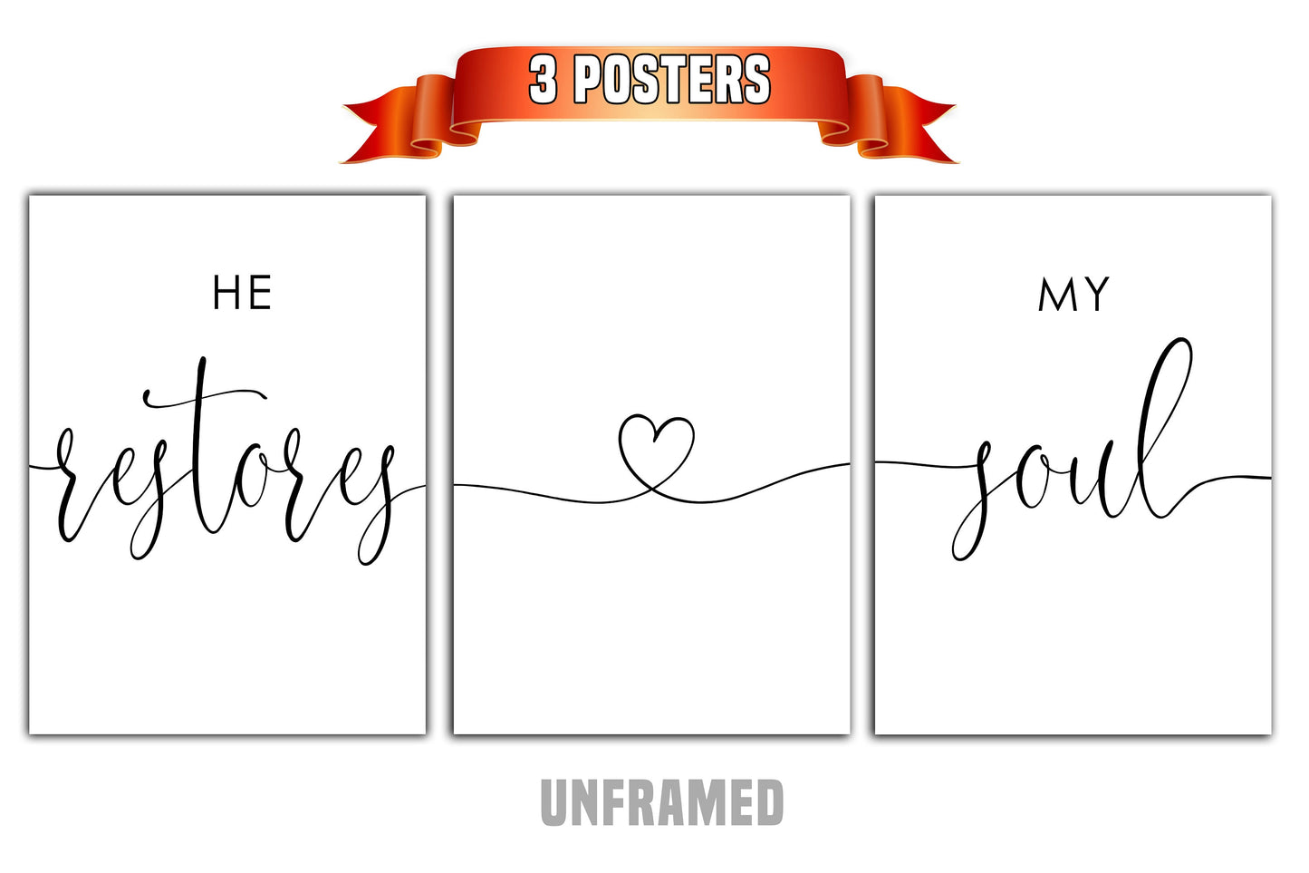 He Restores My Soul, Set of 3 Prints, Minimalist Art, Home Wall Decor, Multiple Sizes