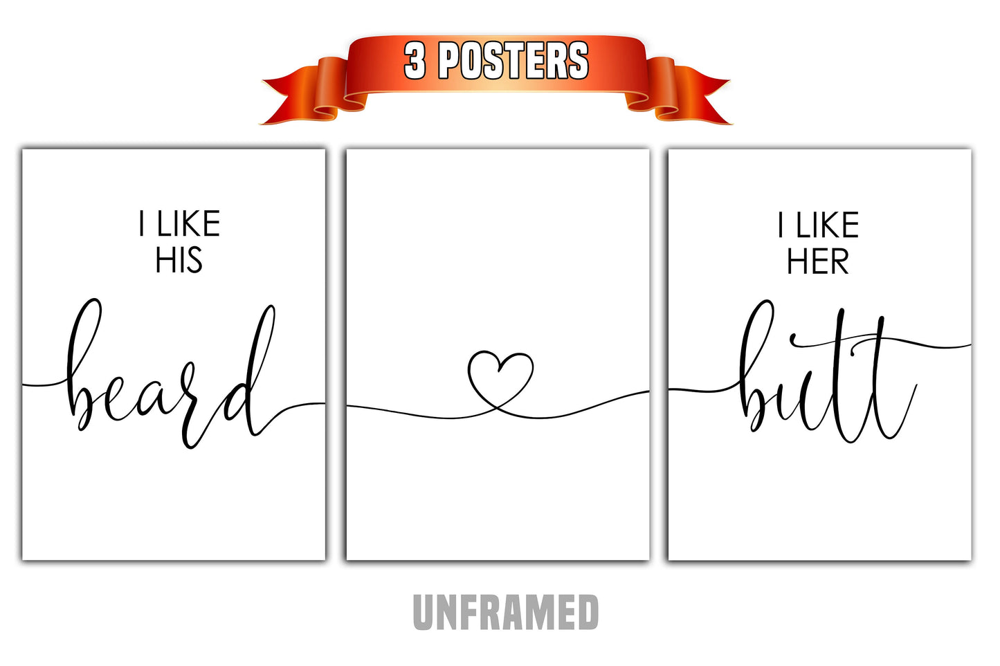 I Like His Beard I Like Her Butt, Set of 3 Prints, Minimalist Art, Home Wall Decor, Multiple Sizes