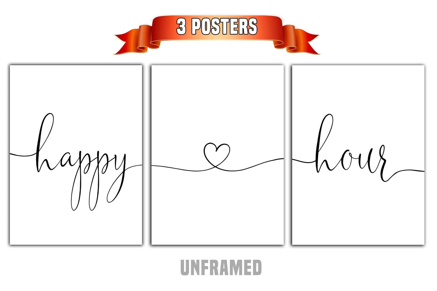 Happy Hour, Set of 3 Poster Prints, Home Wall Hanging Décor, Minimalist Prints, Multiple Sizes