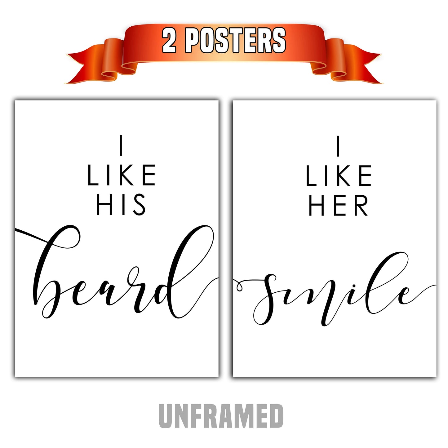 I Like His Beard, I Like Her Smile, Set of 2 Prints, Minimalist Art, Typography Art, Wall Art, Multiple Sizes, Home Wall Art