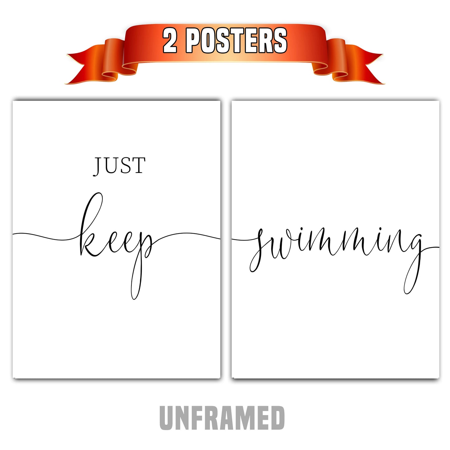Just Keep Swimming, Set of 2 Poster Prints, Home Wall Décor, Motivational/Inspirational Quote, Multiple Sizes