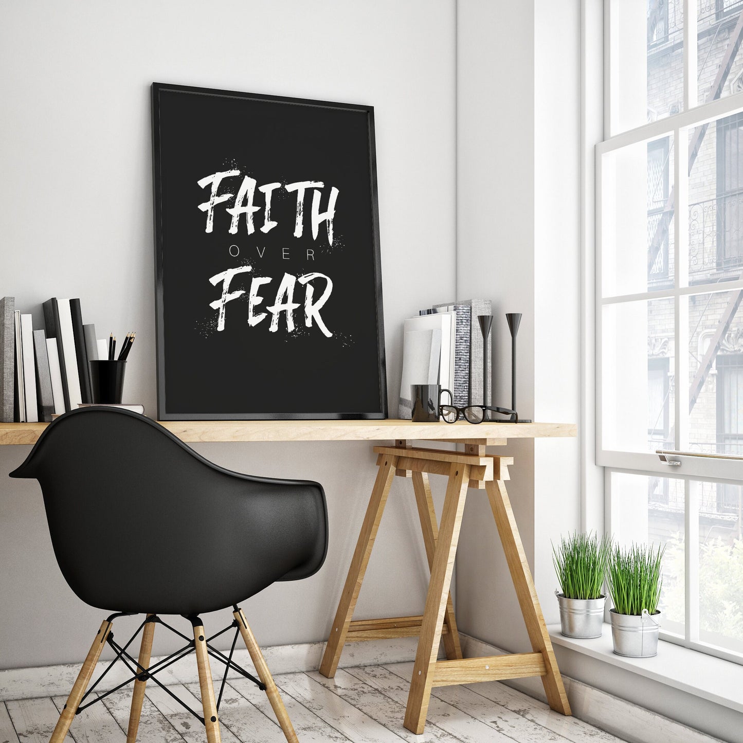 Faith Over Fear, Christian Wall Art, Inspirational Poster, Black and White, Wall Sign Print
