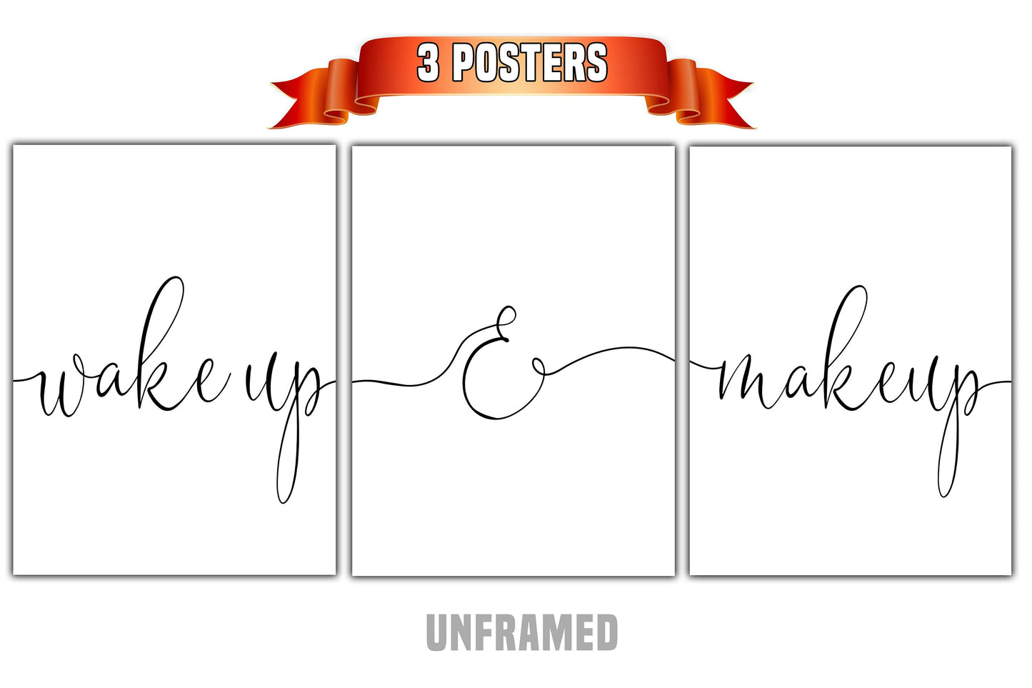 Wake Up and Make Up Wall Art, Bedroom Wall Decor, Beauty Minimalist Typography Wall Print Decor, Wall Art Decor Canvas Poster Set of 3