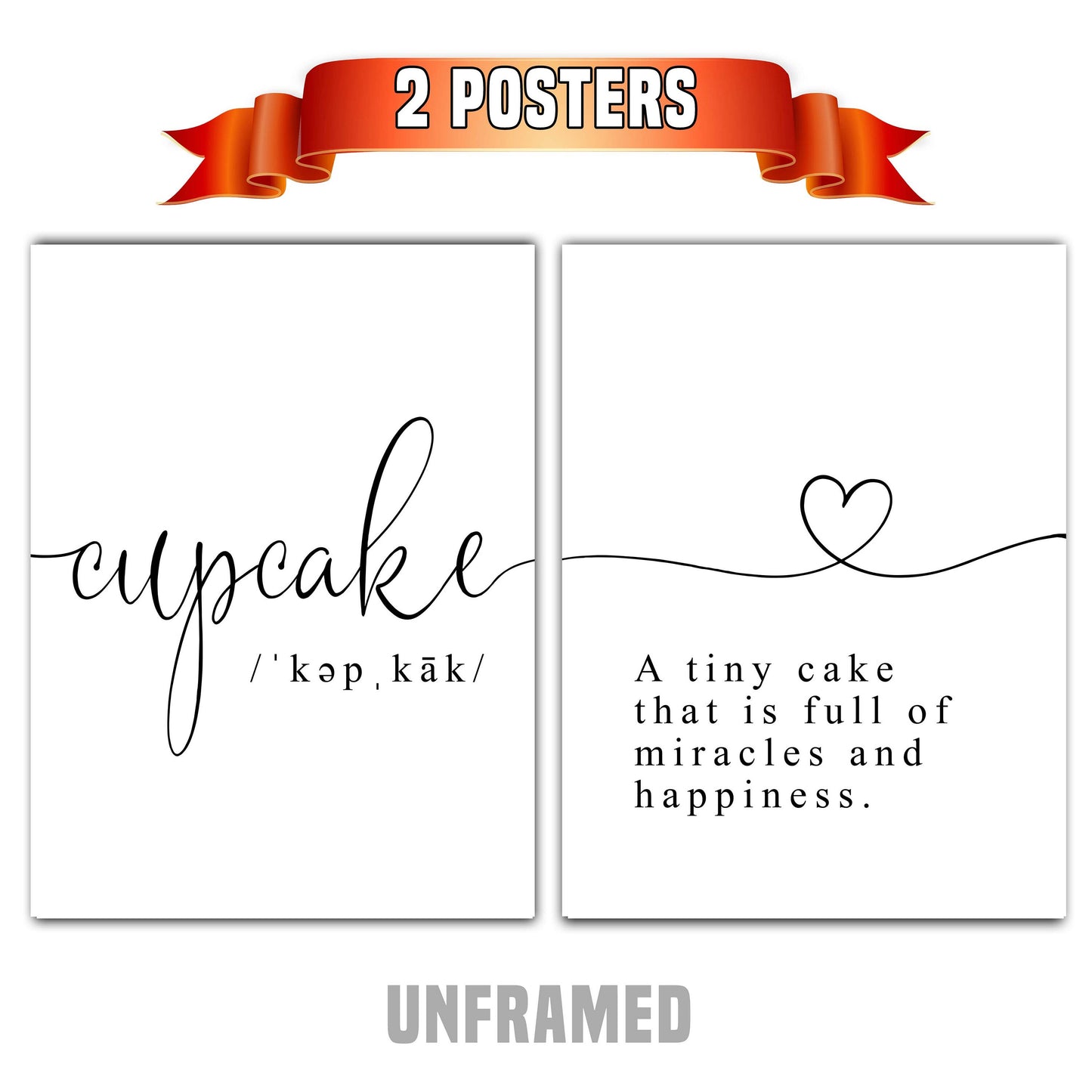 Cupcake Quote Wall Art, Set of 2 Prints, Happy signs, Minimalist Art, Typography Art, Wall Art, Multiple Sizes, Home Wall Art Decor