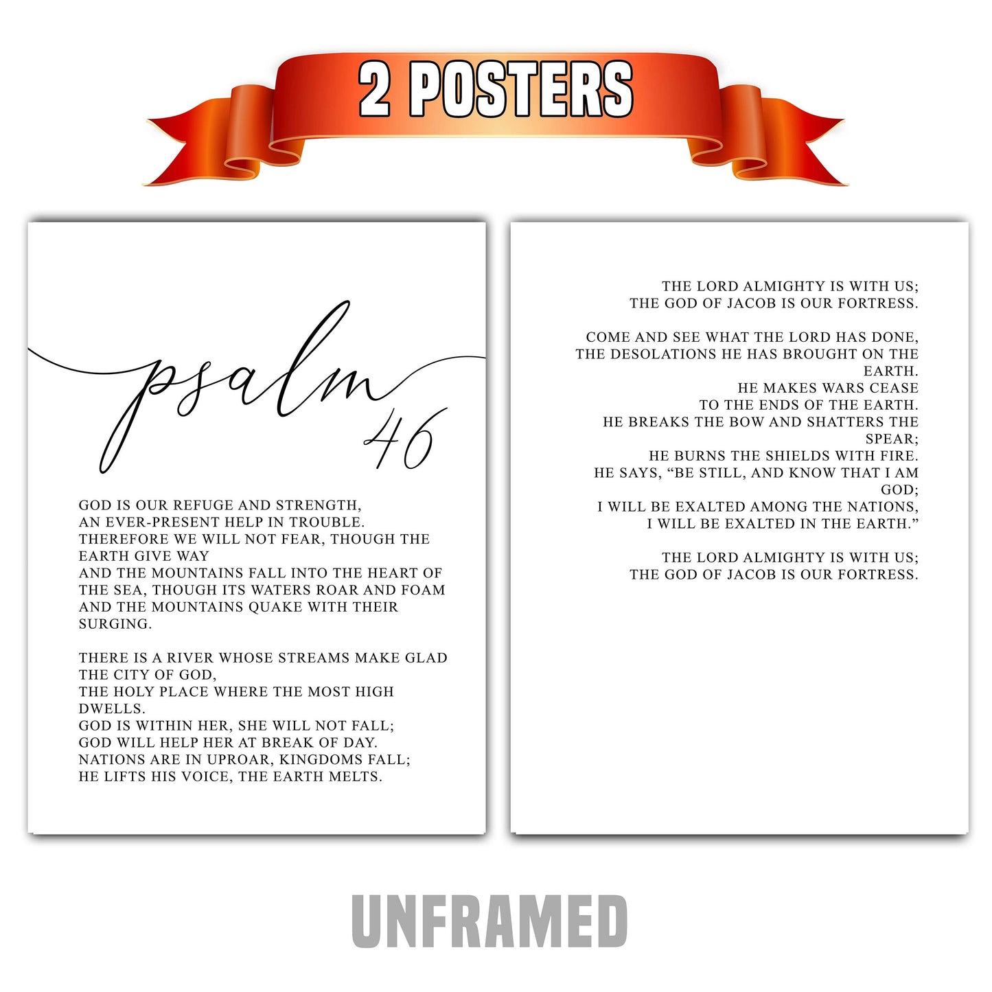 Good is our Refuge and Strength, Psalm 46, Bible Verse Quote, Set of 2 Poster Prints, Home Wall Art Décor, Multiple Sizes