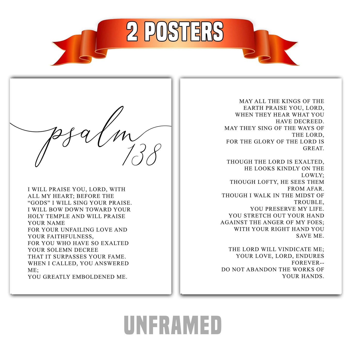 Psalm 138, Bible Verse Quote, Set of 2 Poster Prints, Home Wall Art Décor, Multiple Sizes