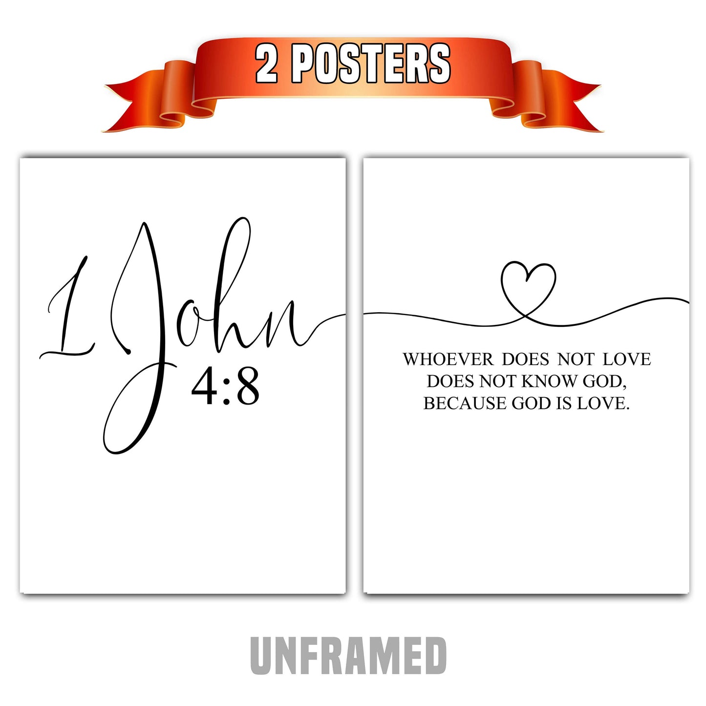 1 John 4:8, God is Love, Bible Verse Quote, Set of 2 Poster Prints, Home Wall Art Décor, Minimalist Prints, Multiple Sizes