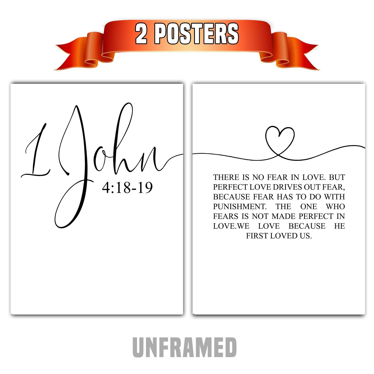 1 John 4:18-19, There Is No Fear In Love, Bible Verse Quote, Set of 2 Poster Prints, Home Wall Art Décor, Multiple Sizes
