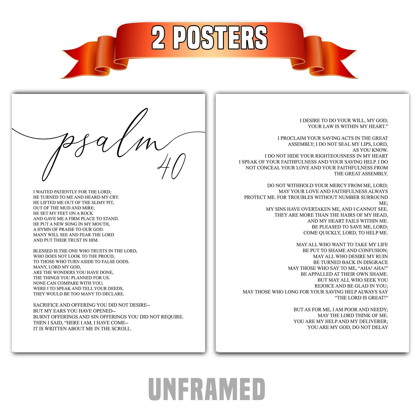 Psalm 40, Bible Verse Quote, Set of 2 Poster Prints, Home Wall Art Décor, Minimalist Prints, Multiple Sizes