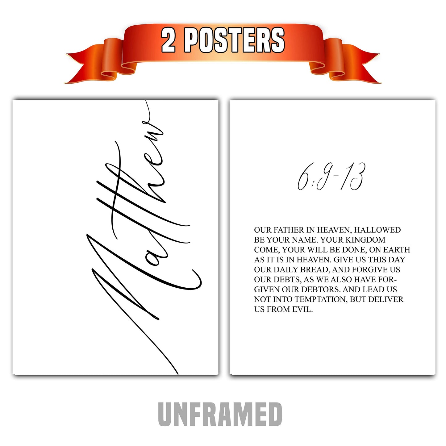 Matthew 6:9-13, Lord's Prayer, Bible Verse Quote, Set of 2 Poster Prints, Home Wall Art Décor, Multiple Sizes