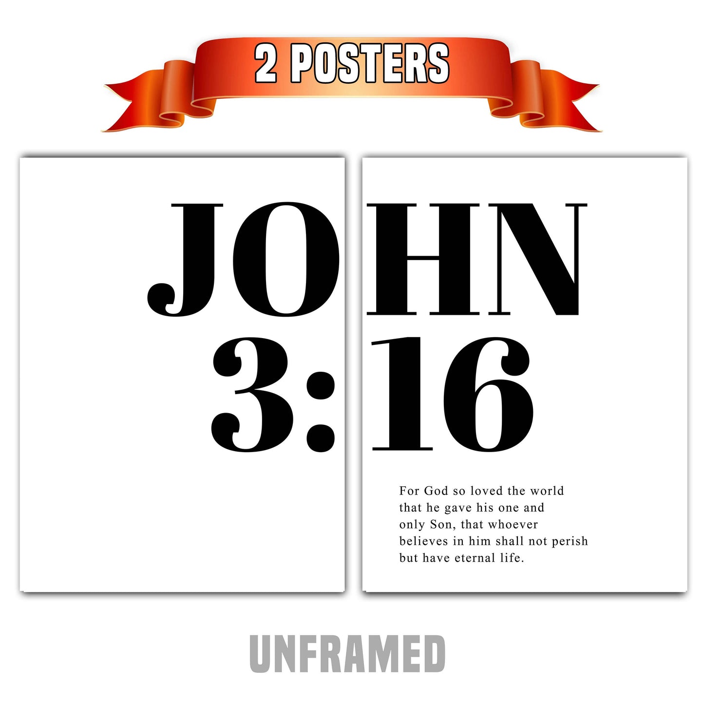 John 3:16, Bible Verse Quote, Set of 2 Poster Prints, Home Wall Art Décor, Multiple Sizes