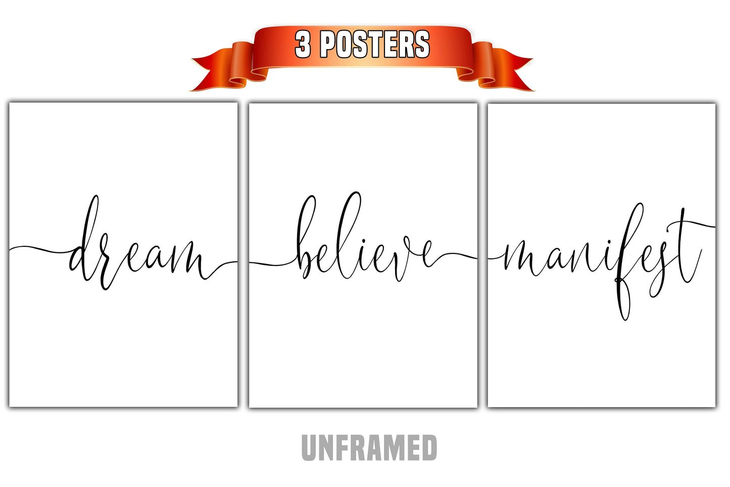 Dream Believe Manifest, Set of 3 Prints, Minimalist Art, Home Wall Decor, Multiple Sizes