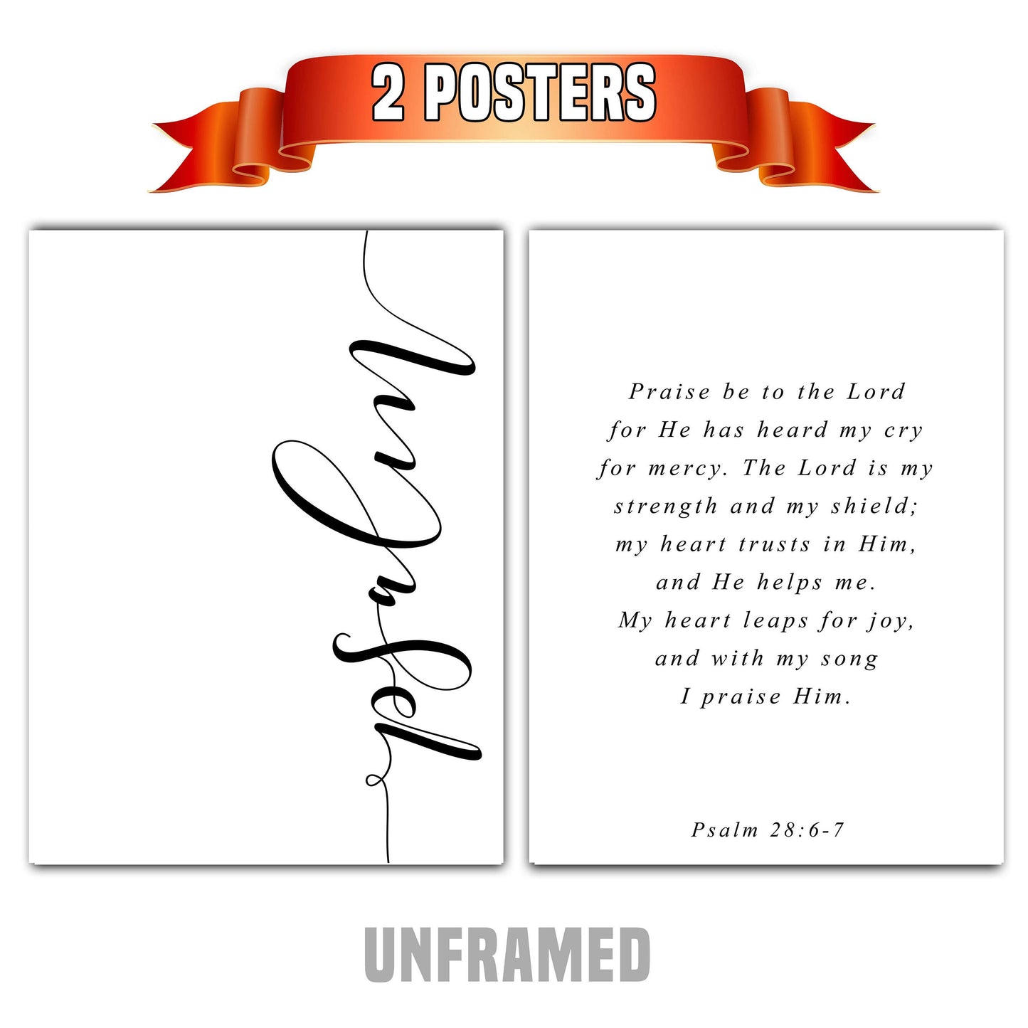 Psalm 28:6-7, Bible Verse Quote, Set of 2 Poster Prints, Home Wall Art Décor, Multiple Sizes