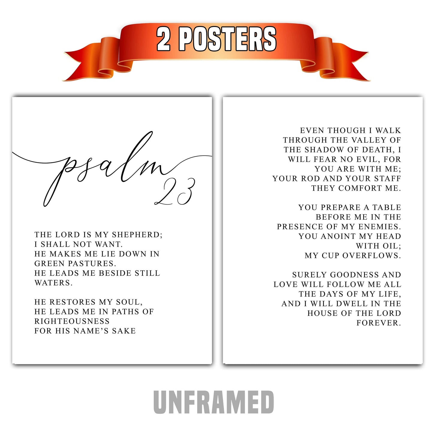 Psalm 23, Bible Verse Quote, Set of 2 Poster Prints, Home Wall Art Décor, Minimalist Prints, Multiple Sizes