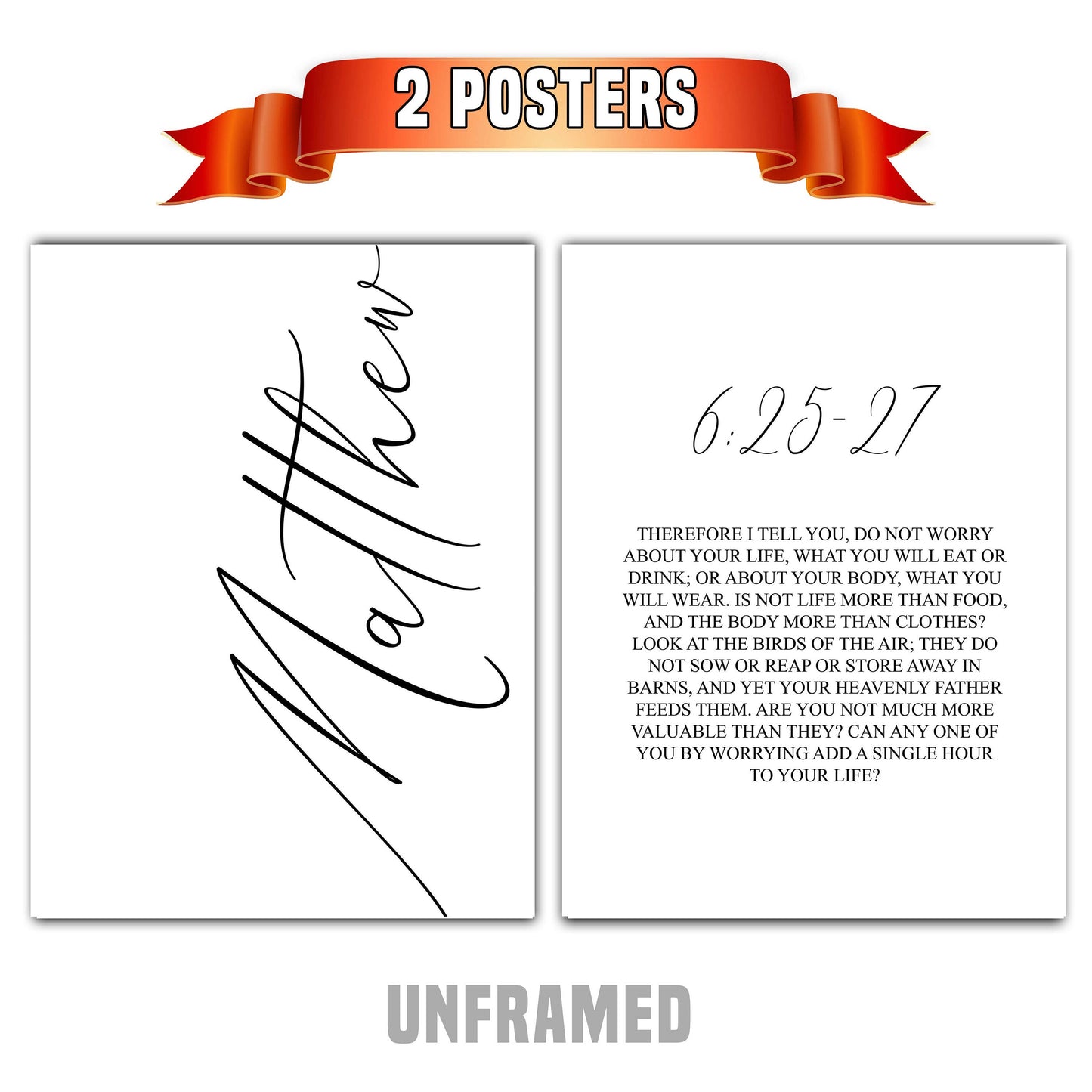 Matthew 6:25-27, Bible Verse Quote, Set of 2 Poster Prints, Home Wall Art Décor, Multiple Sizes