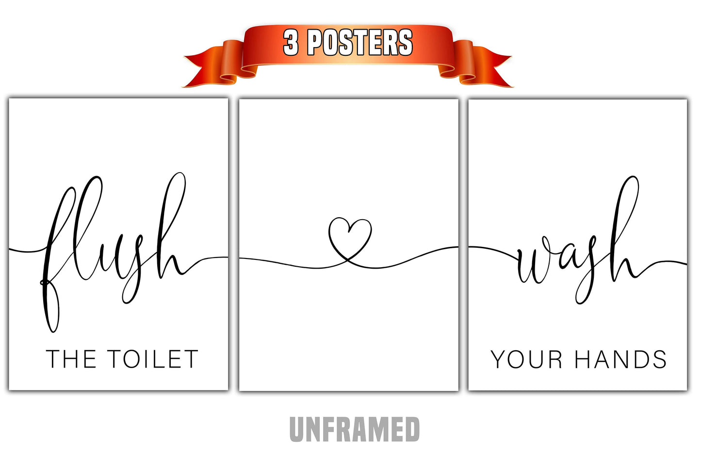 Flush the Toilet, Wash Your Hands, Set of 3 Poster Prints, Home Wall Hanging Décor, Minimalist Prints, Multiple Sizes
