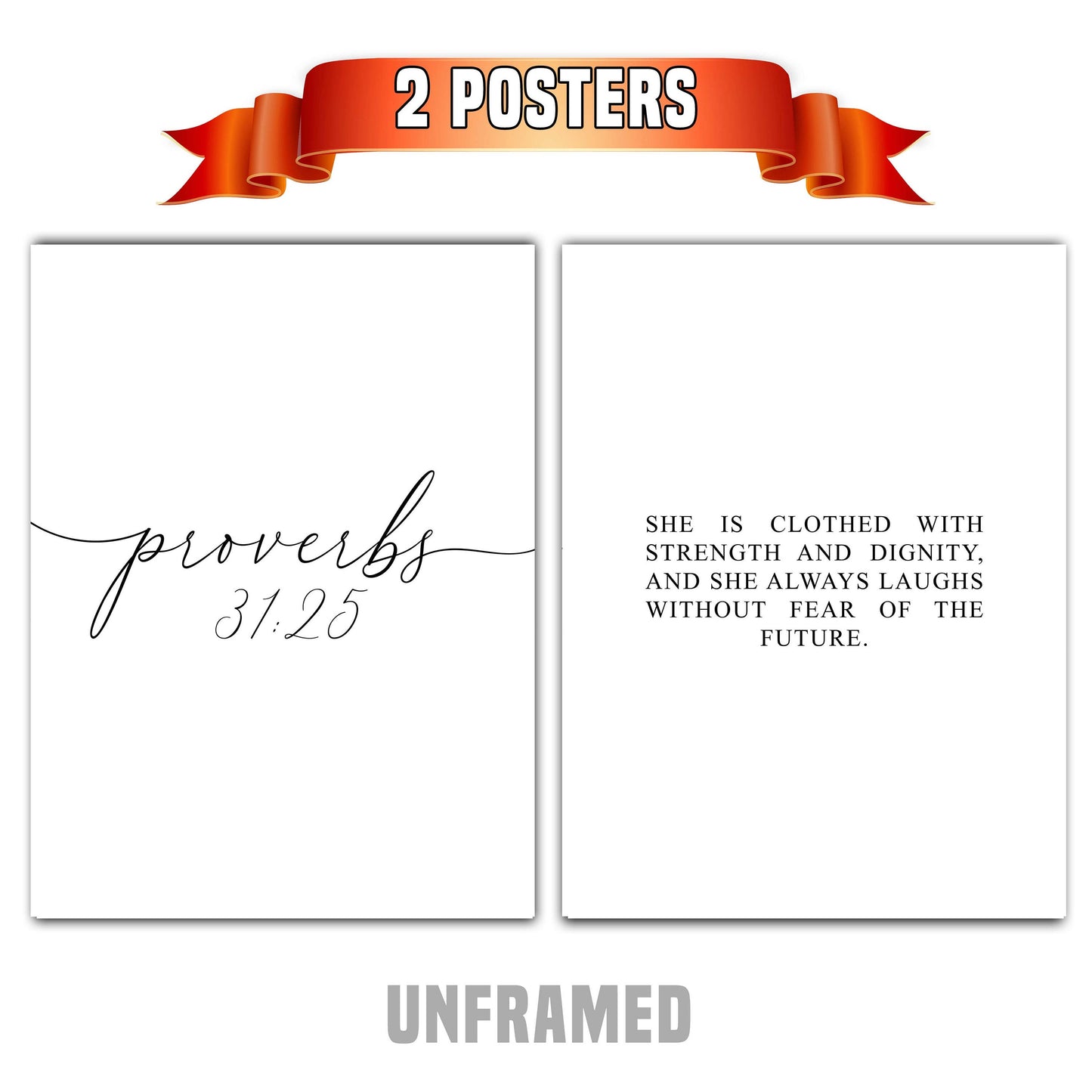 Proverbs 31:25, Bible Verse Quote, Set of 2 Poster Prints, Home Wall Art Décor, Minimalist Prints, Multiple Sizes