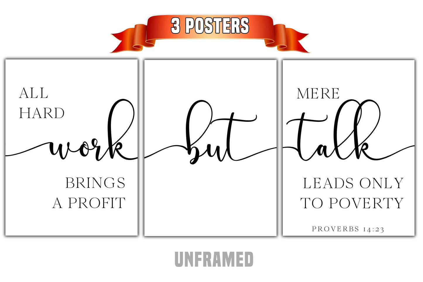 Proverbs 14:23, All hard work brings a profit, Bible Verse, Set of 3 Prints, Multiple Sizes, Home Wall Art Decor, Easter Quote