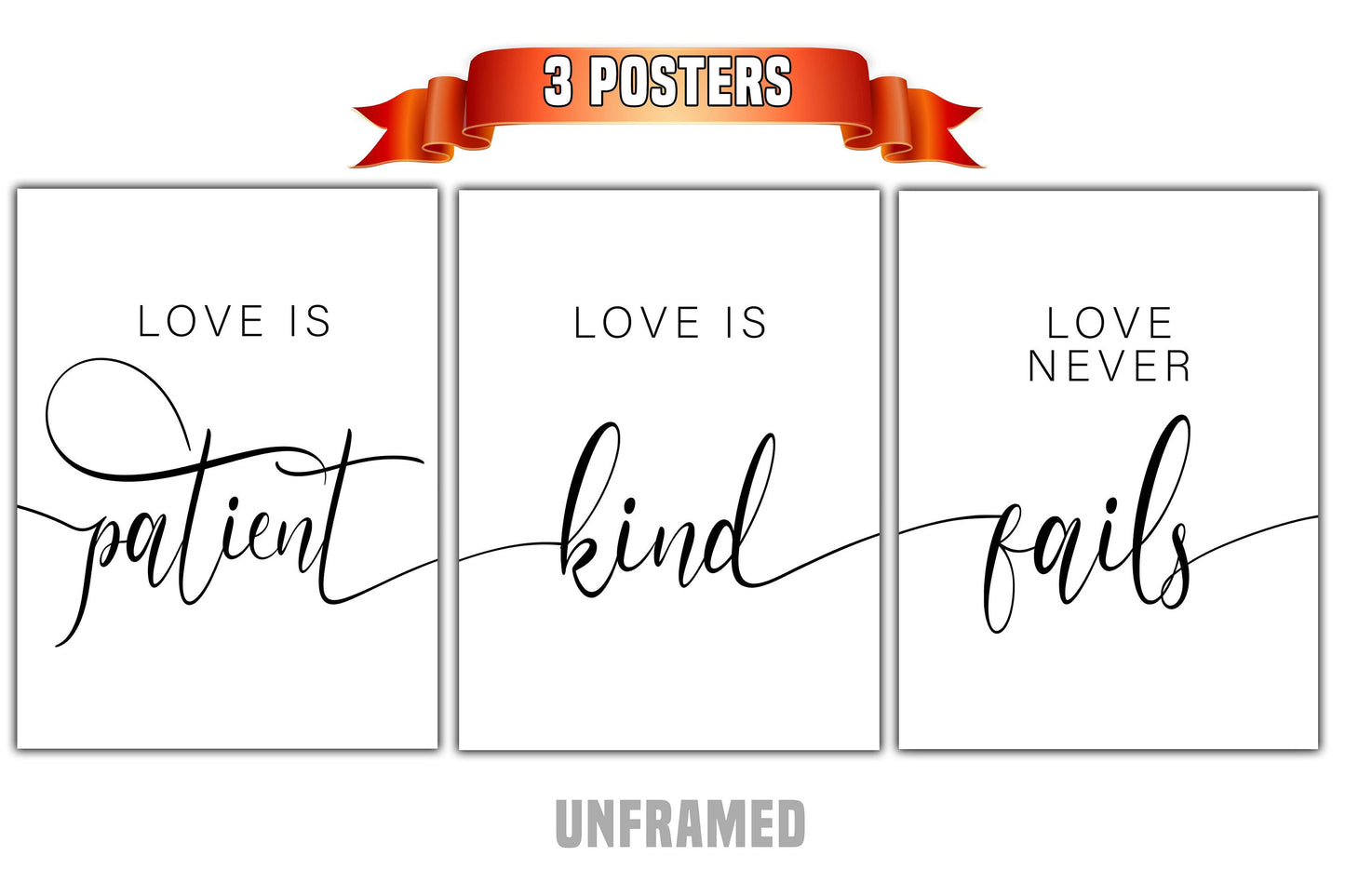 Love Is Patient Love Is Kind Love Never Fails, Set of 3 Poster Prints, Minimalist Art, Home Wall Decor, Multiple Sizes