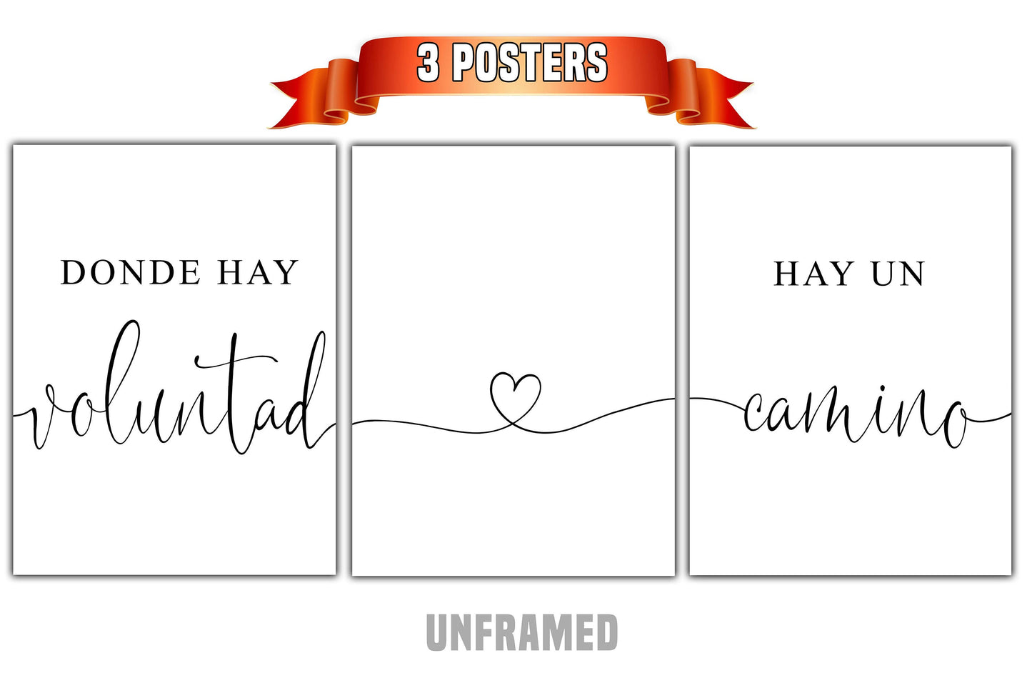 Where There Is A Will There Is A Way, Donde Hay Voluntad Hay Un Camino, Set of 3 Poster Prints, Minimalist Art, Home Wall Decor