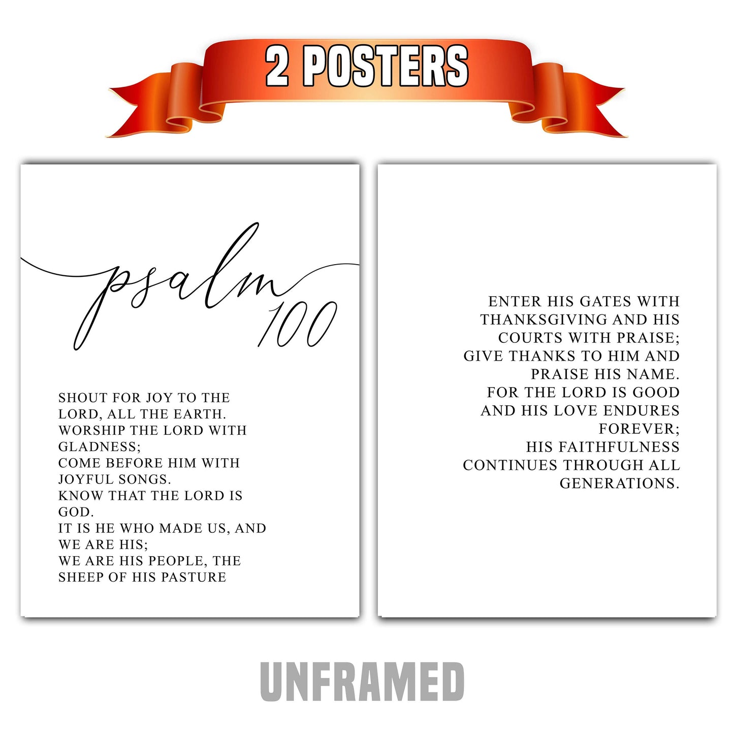 Psalm 100, Bible Verse Quote, Set of 2 Poster Prints, Home Wall Art Décor, Minimalist Prints, Multiple Sizes