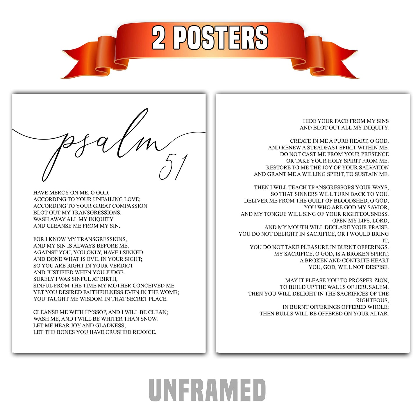 Psalm 51, Bible Verse Quote, Set of 2 Poster Prints, Home Wall Art Décor, Minimalist Prints, Multiple Sizes