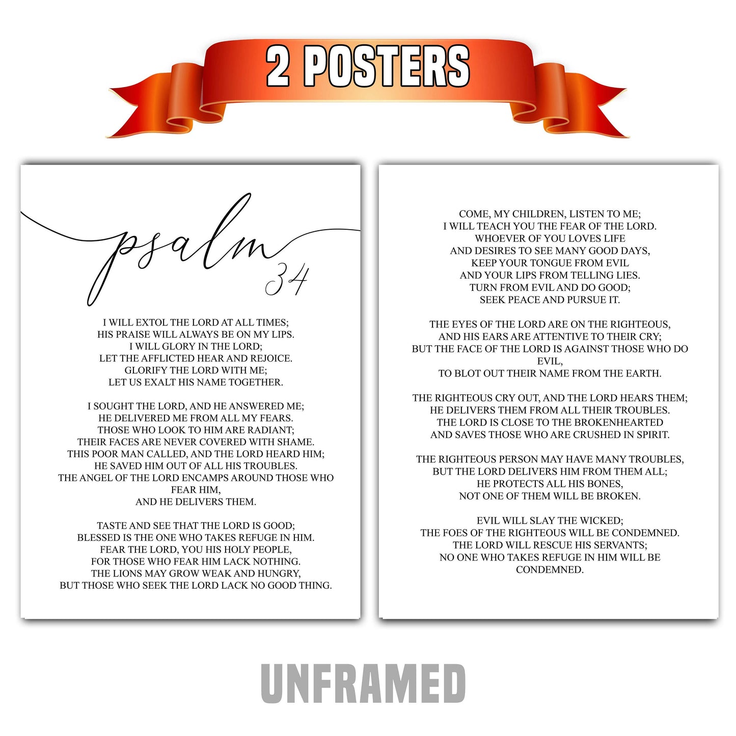 Psalm 34, Bible Verse Quote, Set of 2 Poster Prints, Home Wall Art Décor, Minimalist Prints, Multiple Sizes