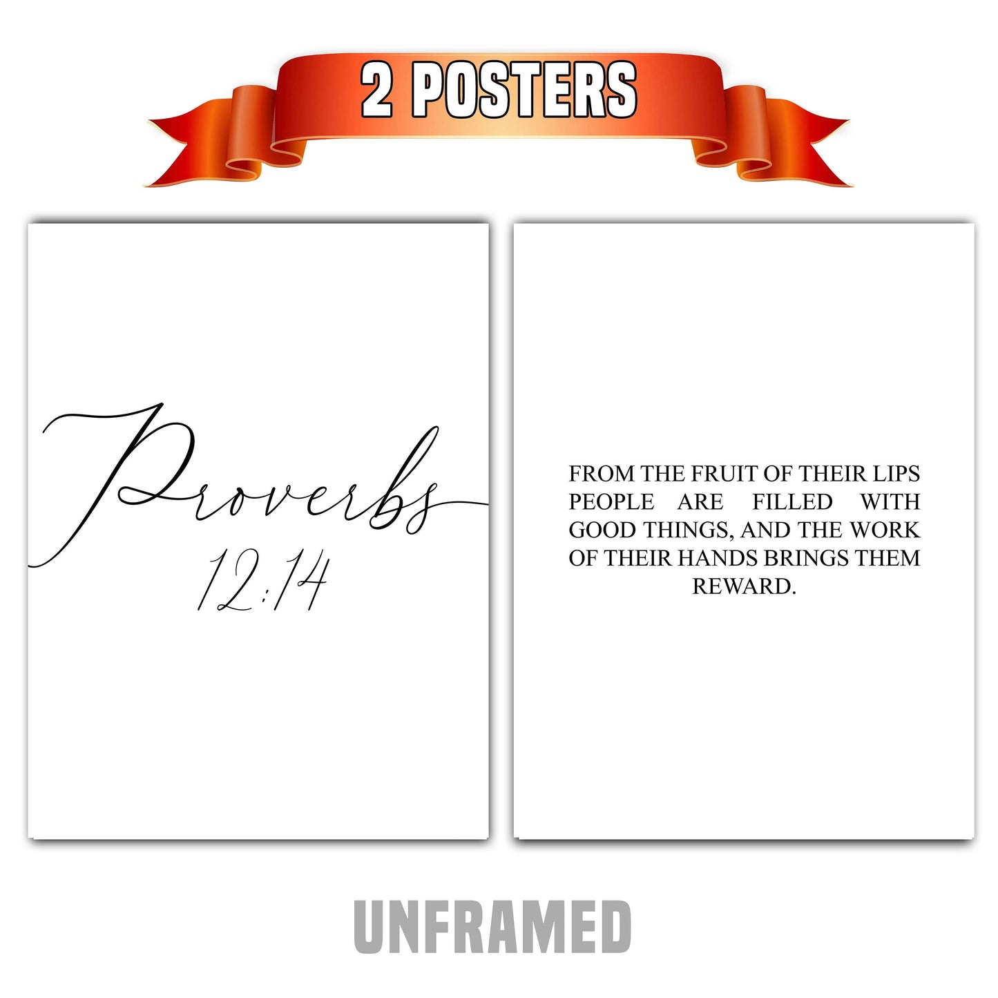 Proverbs 12:14, Bible Verse Quote, Set of 2 Poster Prints, Home Wall Art Décor, Minimalist Prints, Multiple Sizes