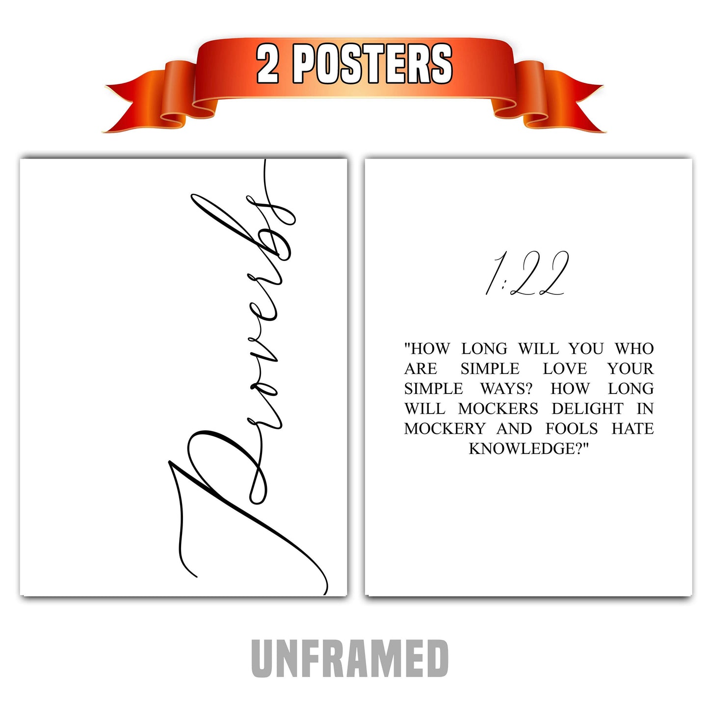 Proverbs 1:22, Bible Verse Quote, Set of 2 Poster Prints, Home Wall Art Décor, Minimalist Prints, Multiple Sizes