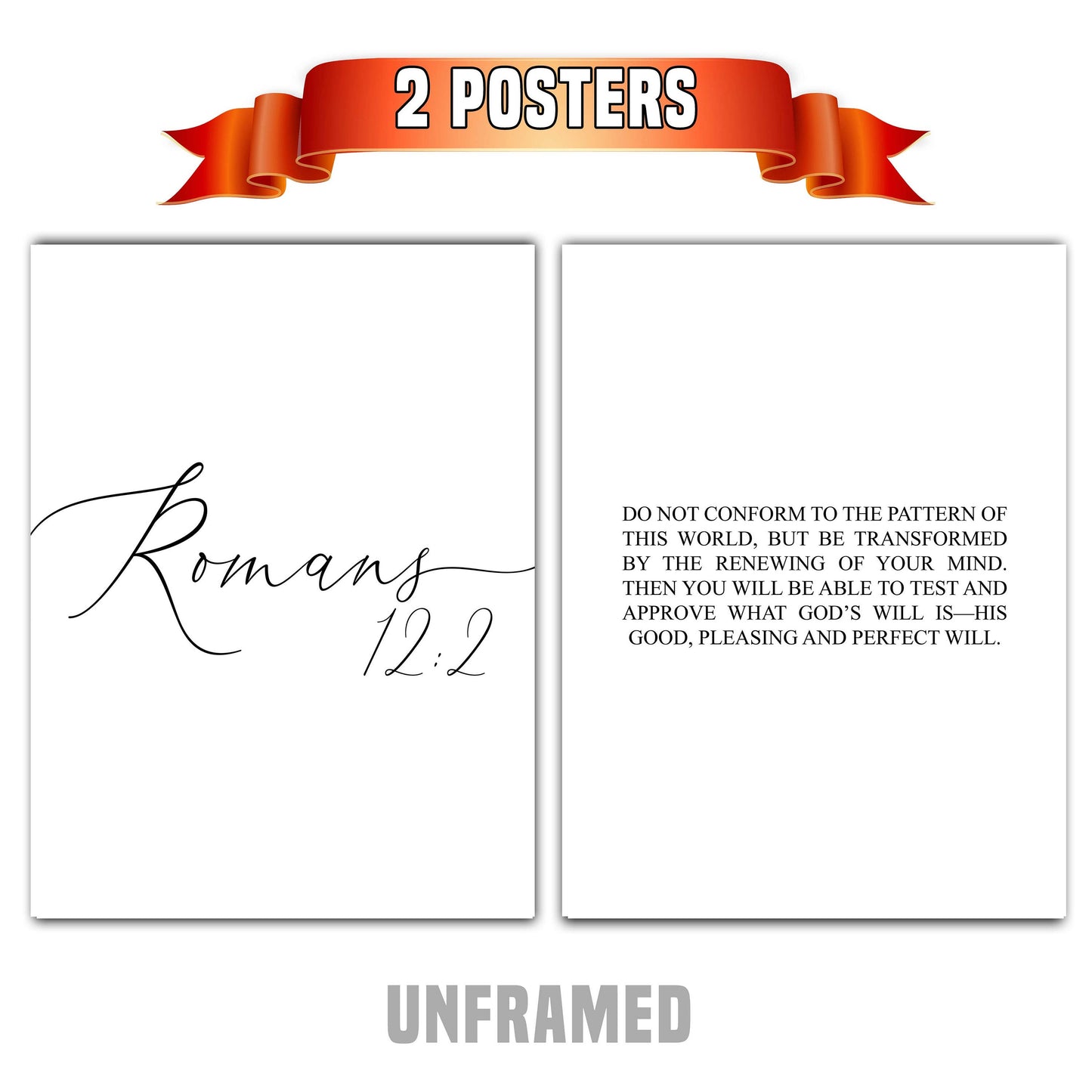 Romans 12:2, Bible Verse Quote, Set of 2 Poster Prints, Home Wall Art Décor, Minimalist Prints, Multiple Sizes