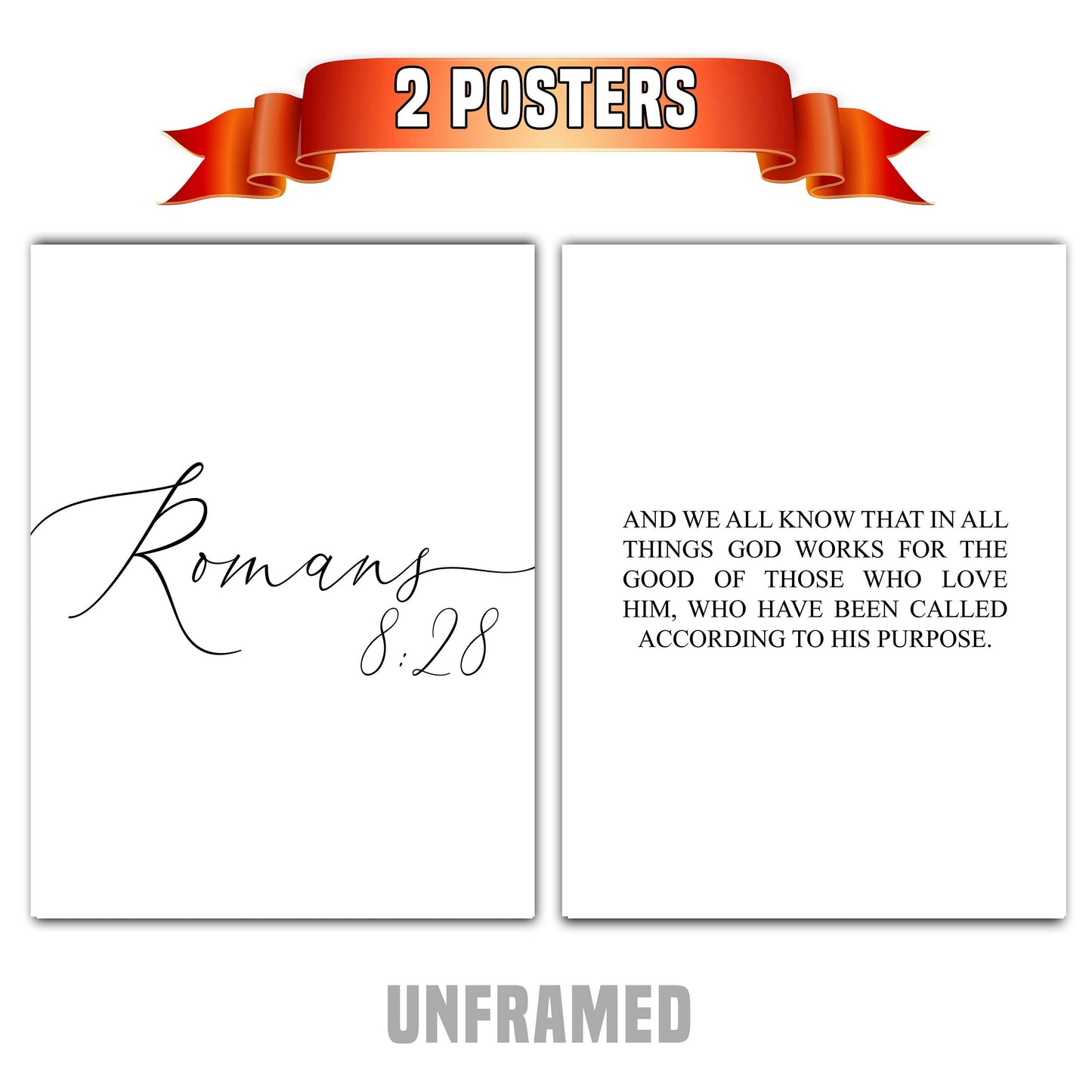 Romans 8:28, Bible Verse Quote, Set of 2 Poster Prints, Home Wall Art Décor, Minimalist Prints, Multiple Sizes