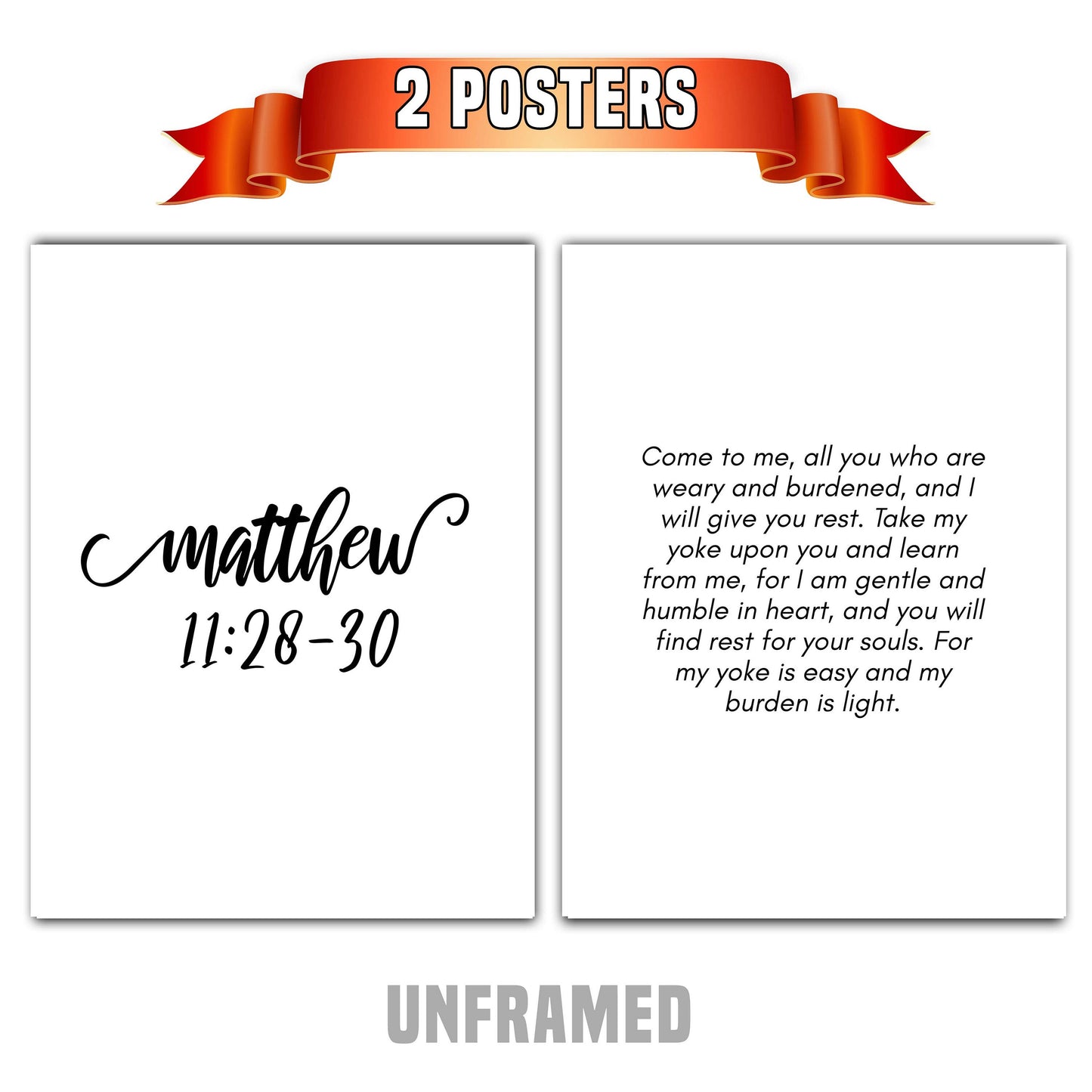 Matthew 11:28-30, Bible Verse Quote, Set of 2 Poster Prints, Home Wall Art Décor, Minimalist Prints, Multiple Sizes