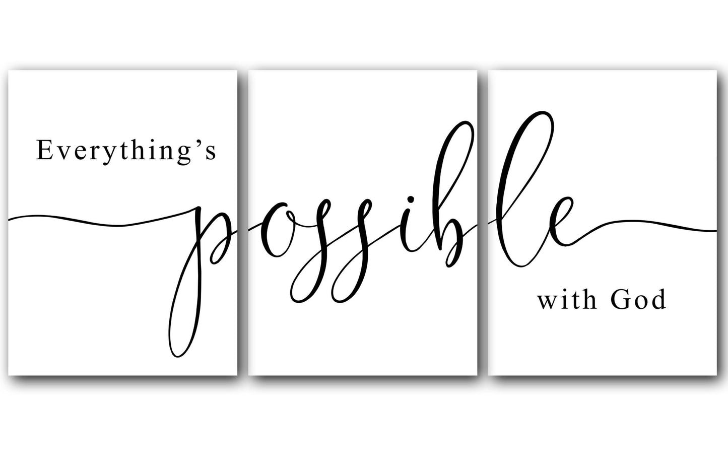 Everything's Possible with God Quote, Set of 3 Poster Prints, Home Wall Art Decor