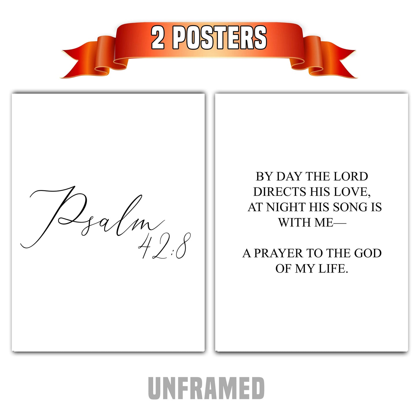 Psalm 42:8, Bible Verse Quote, Set of 2 Poster Prints, Home Wall Art Décor, Minimalist Prints, Multiple Sizes