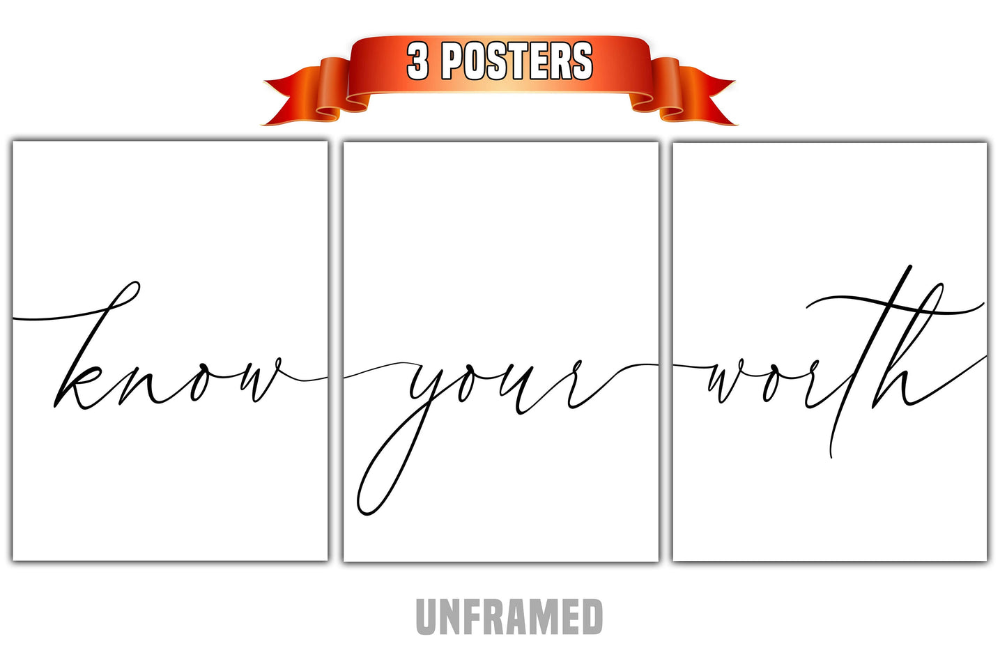 Know Your Worth, Set of 3 Poster Prints, Home Wall Décor, Motivational/Inspirational Quote, Multiple Sizes