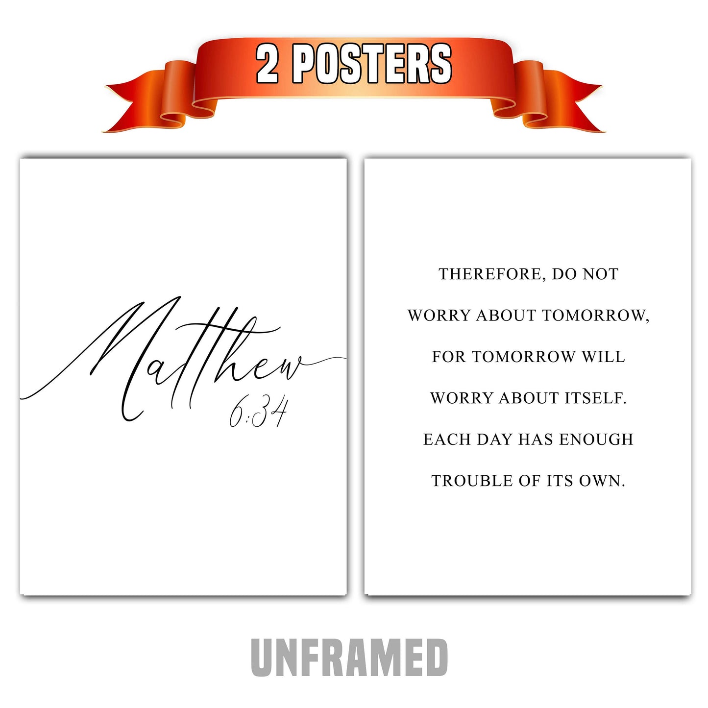 Matthew 6:34, Bible Verse Quote, Set of 2 Poster Prints, Home Wall Art Décor, Minimalist Prints, Multiple Sizes