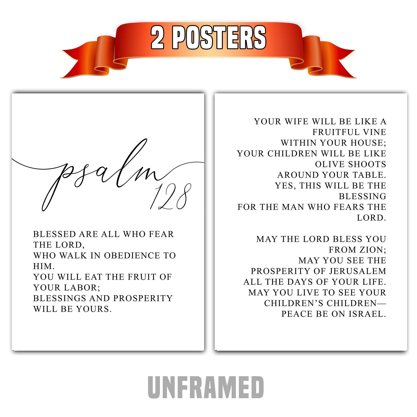 Psalm 128, Bible Verse Quote, Set of 2 Poster Prints, Home Wall Art Décor, Minimalist Prints, Multiple Sizes