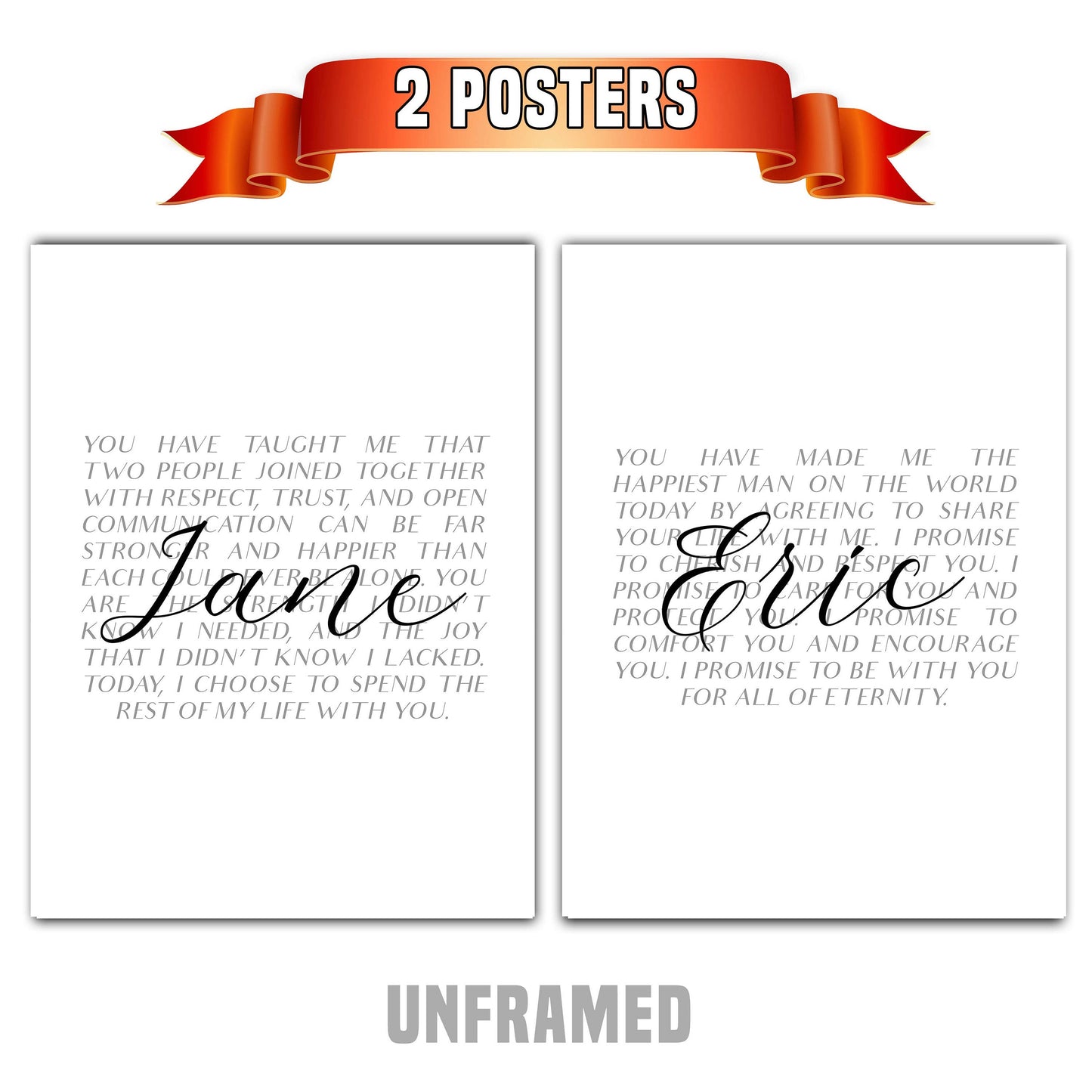 Wedding Vows, Mr and Mrs Couple, Set of 2 Poster Prints, Minimalist Art, Home Wall Decor, Custom Personalized