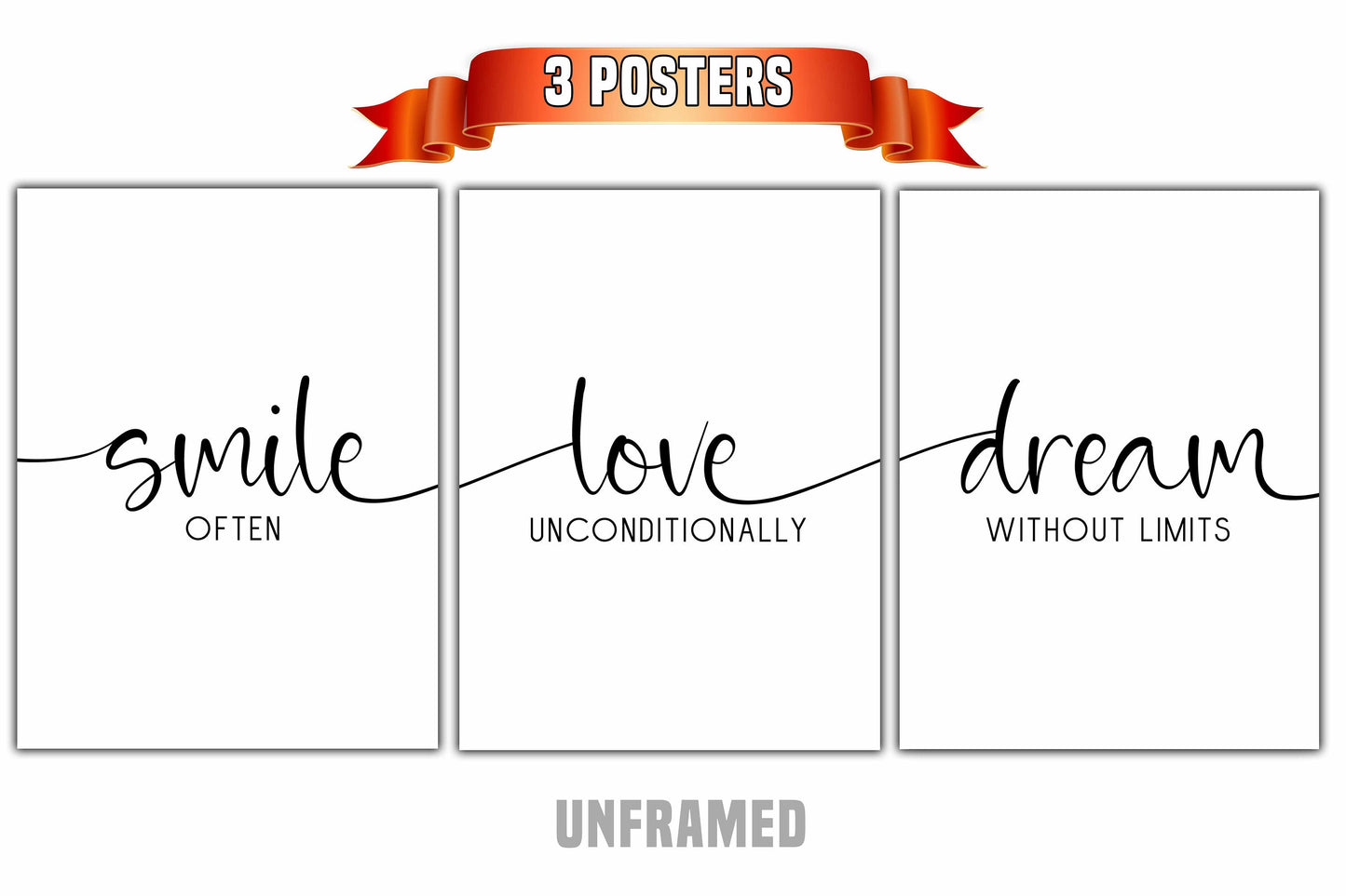 Smile Love Dream, Set of 3 Poster Prints, Minimalist Art, Home Wall Decor, Multiple Sizes