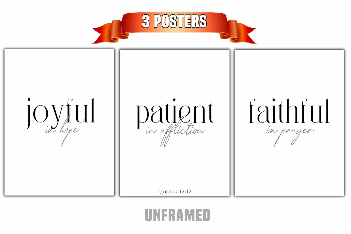 Joyful Patient Faithful, Bible Verse, Set of 3 Poster Prints, Minimalist Art, Home Wall Decor
