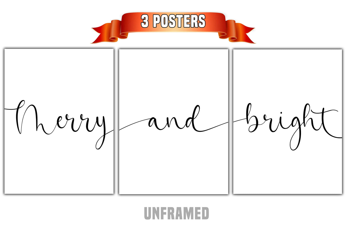 Merry and Bright, Set of 3 Poster Prints, Home Wall Hanging Décor, Minimalist Prints, Multiple Sizes