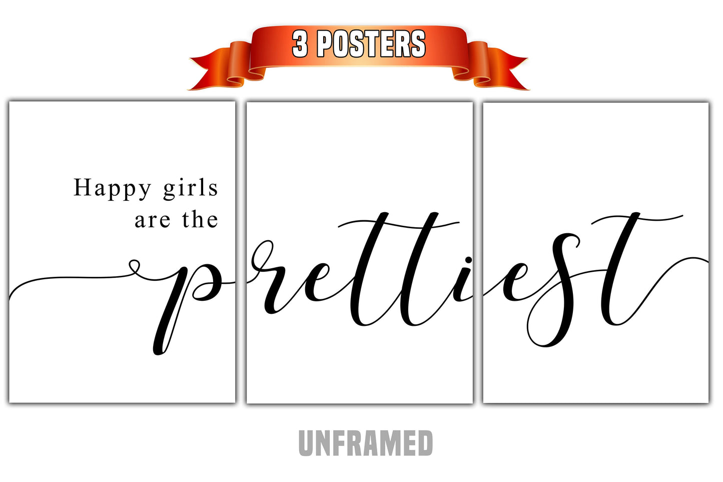 Happy Girls Are The Prettiest, Set of 3 Poster Prints, Minimalist Art, Home Wall Decor, Multiple Sizes