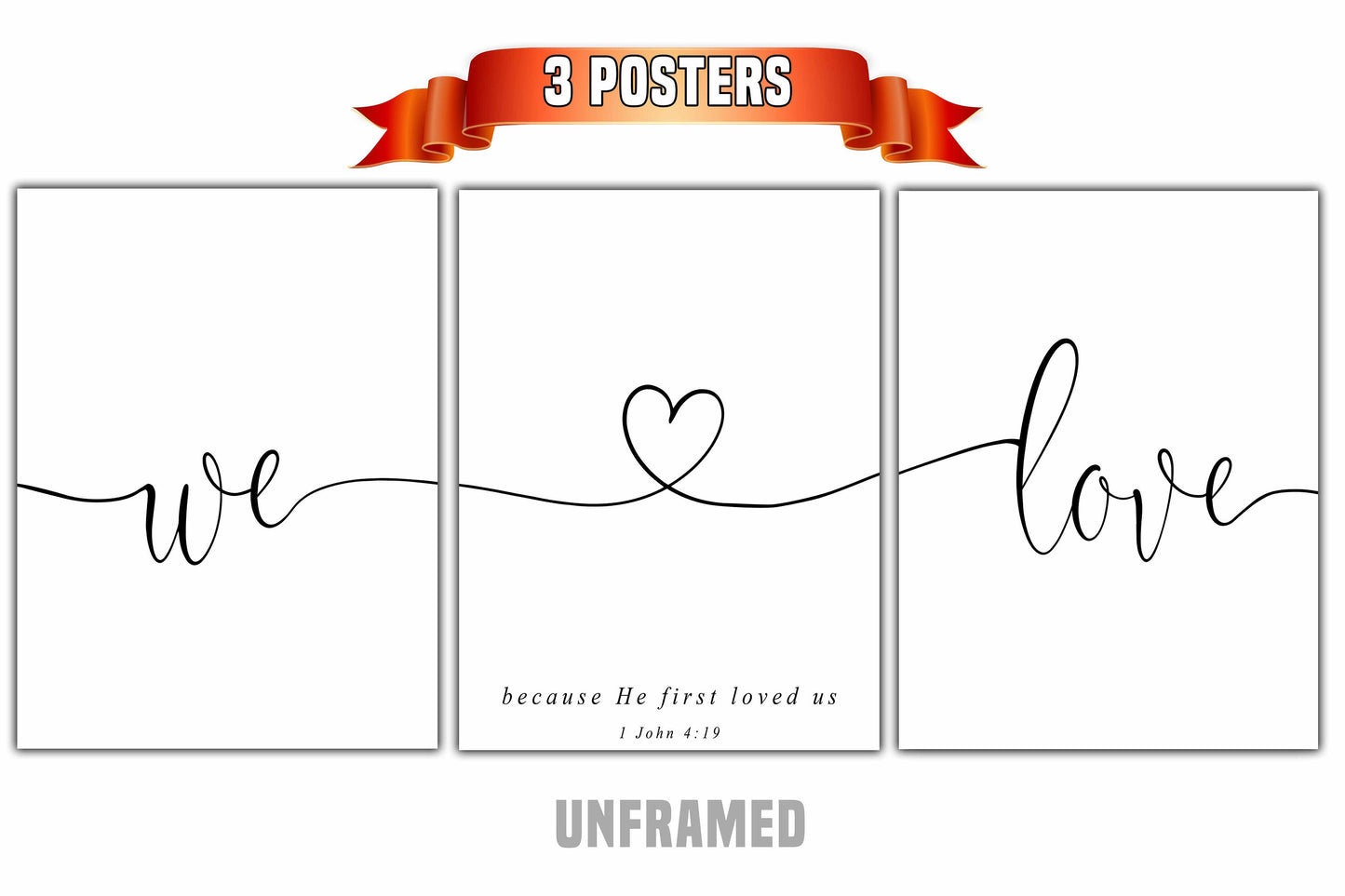 We Love Because He Loved Us, Bible Verse, Set of 3 Poster Prints, Minimalist Art, Home Wall Decor
