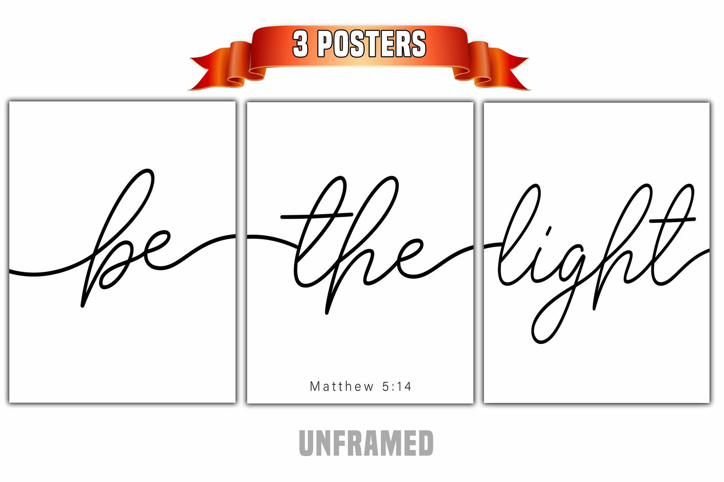 Be The Light, Matthew 5:14, Bible Verse Quote, Set of 3 Poster Prints, Minimalist Art, Home Wall Decor