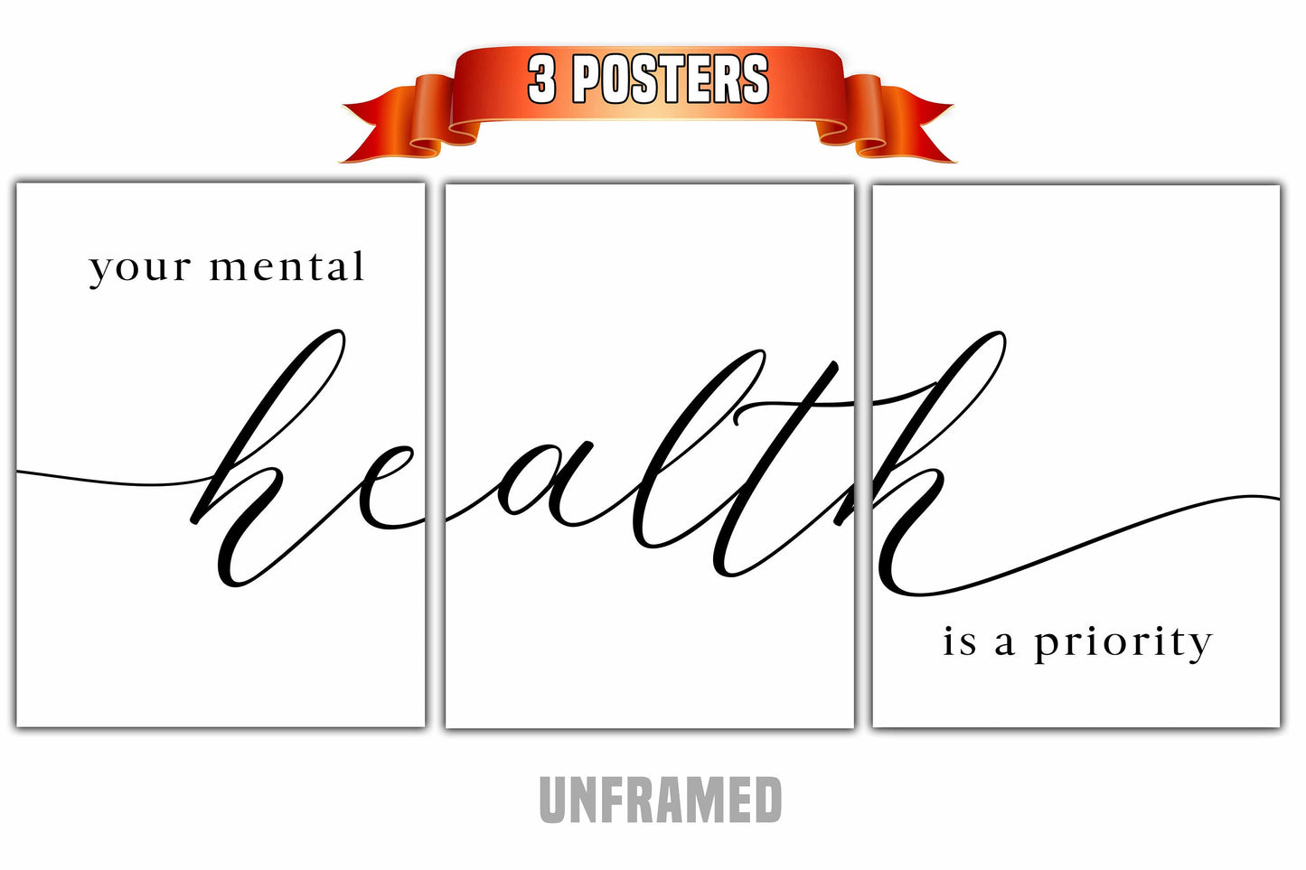 Your Mental Health is a Priority, Set of 3 Poster Prints, Home Wall Décor, Motivational/Inspirational Quote, Multiple Sizes