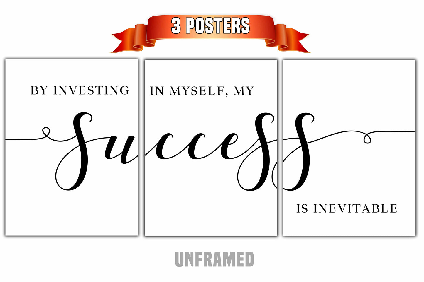 Success Is Inevitable, Set of 3 Poster Prints, Minimalist Art, Home Wall Decor, Multiple Sizes